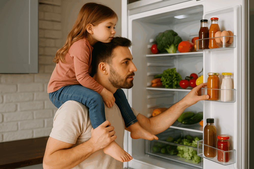 Photo illustrative montrant un père et sa fille cherchant des aliments dans un frigo